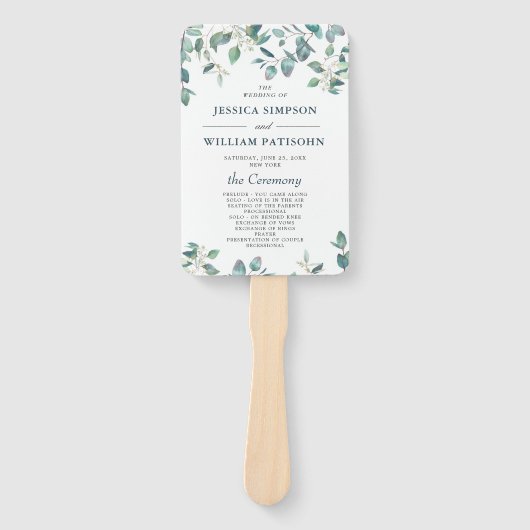 Elegant Eucalyptus Watercolor Huwelijksprogramma Handwaaier (Voorkant)