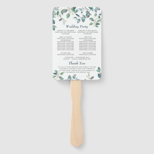 Elegant Eucalyptus Watercolor Huwelijksprogramma Handwaaier (Achterkant)