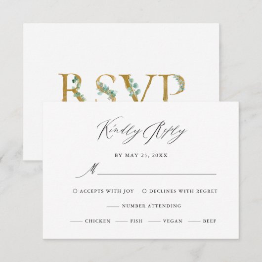 Elegant Eucalyptus Waterverf Black Script Weduwen RSVP Kaartje (Voorkant / Achterkant)
