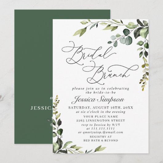 Elegant Eucalyptus Waterverf Bridal Brunch Kaart (Voorkant / Achterkant)