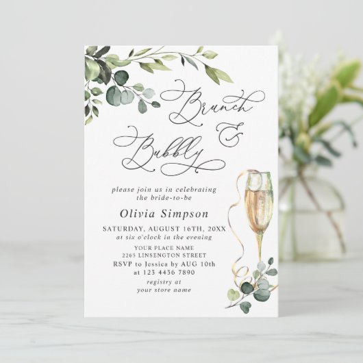 Elegant Eucalyptus Waterverf Brunch & Bubble Kaart (Staand voorkant)