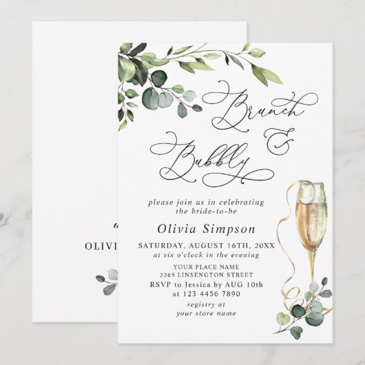 Elegant Eucalyptus Waterverf Brunch & Bubble Kaart (Voorkant / Achterkant)