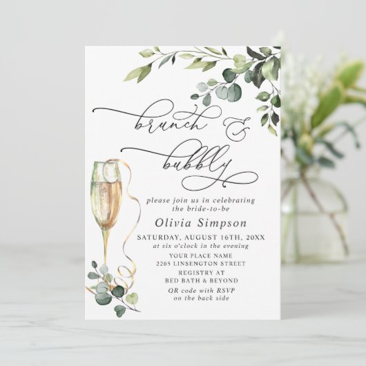 Elegant Eucalyptus Waterverf Brunch & Bubble Kaart (Staand voorkant)