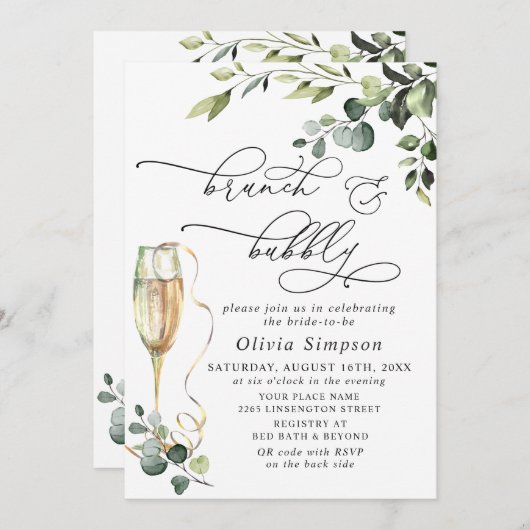 Elegant Eucalyptus Waterverf Brunch & Bubble Kaart (Voorkant / Achterkant)