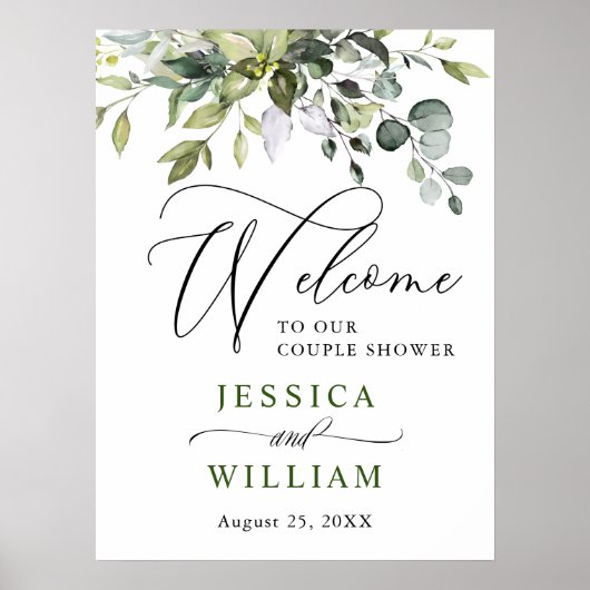 Elegant Eucalyptus Waterverf Couple Couple Shower Poster (Voorkant)
