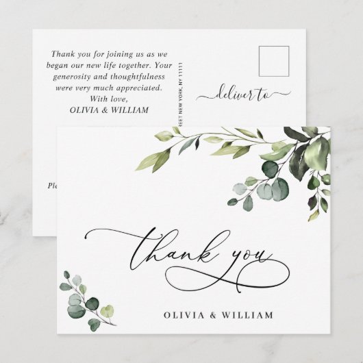 Elegant Eucalyptus Waterverf Floral Hartelijk dank Briefkaart (Voorkant / Achterkant)