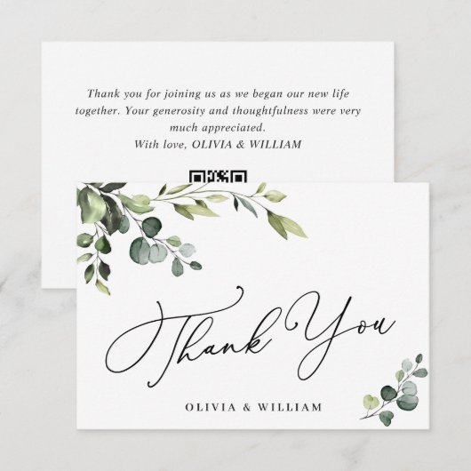 Elegant Eucalyptus Waterverf Floral QR Bedankkaart (Voorkant / Achterkant)