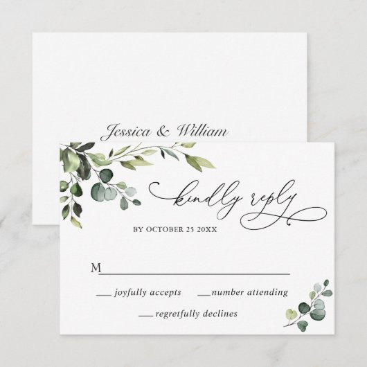 Elegant Eucalyptus Waterverf Floral Wedding RSVP Kaartje (Voorkant / Achterkant)