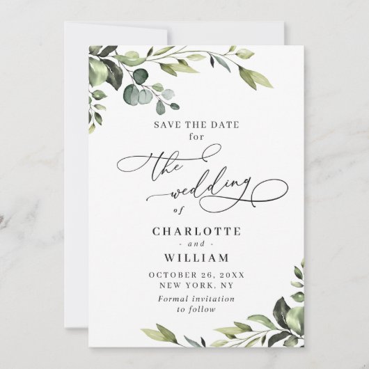 Elegant Eucalyptus Waterverf Floral Wedding Save The Date (Voorkant)