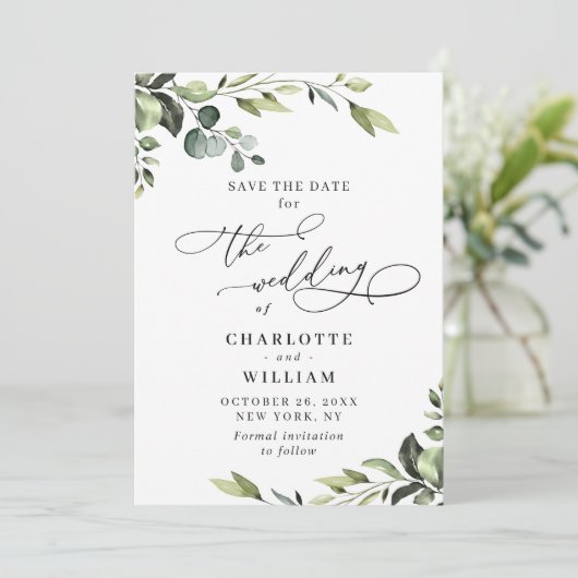 Elegant Eucalyptus Waterverf Floral Wedding Save The Date (Staand voorkant)
