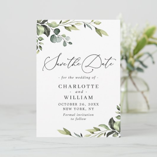 Elegant Eucalyptus Waterverf Floral Wedding Save The Date (Staand voorkant)