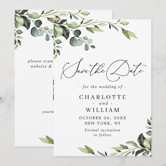 Elegant Eucalyptus Waterverf Floral Wedding Save The Date (Voorkant / Achterkant)