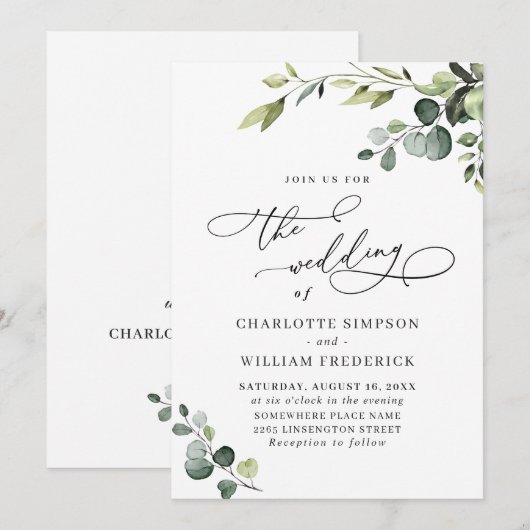Elegant Eucalyptus Waterverf Greenery Wedding Kaart (Voorkant / Achterkant)