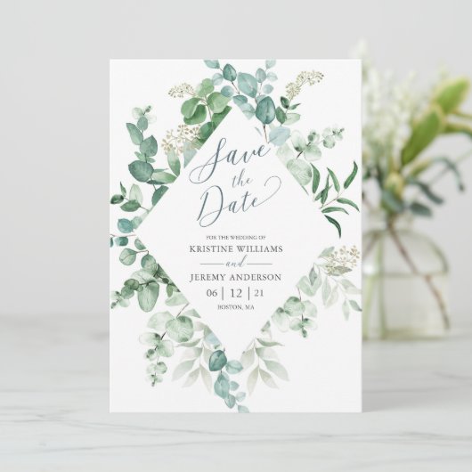 Elegant Eucalyptus Waterverf Greenery Wedding Save The Date (Staand voorkant)