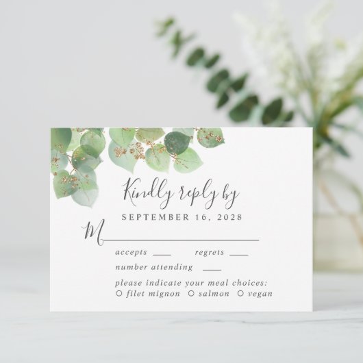 Elegant Eucalyptus Waterverf Maalkeuze Weddenschap RSVP Kaartje (Staand voorkant)