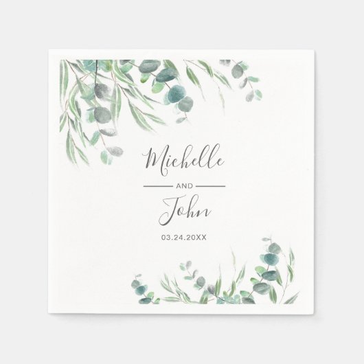 Elegant Eucalyptus Waterverf Name Script Weddensch Servet (Voorkant)