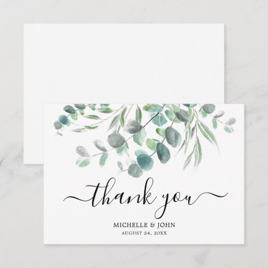 Elegant Eucalyptus Waterverf Name Wedding Bedankkaart (Voorkant / Achterkant)