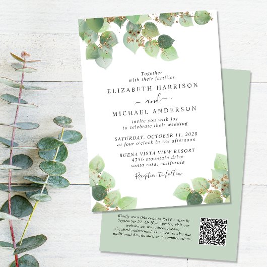 Elegant Eucalyptus Waterverf QR-code bruiloft Kaart
