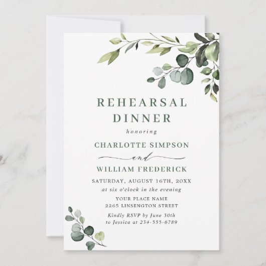 Elegant Eucalyptus Waterverf REHEARSAL DINNER Kaart (Voorkant)