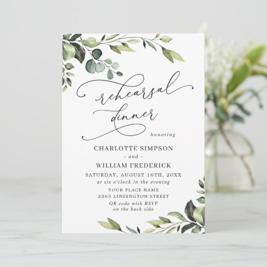 Elegant Eucalyptus Waterverf REHEARSAL DINNER Kaart (Staand voorkant)