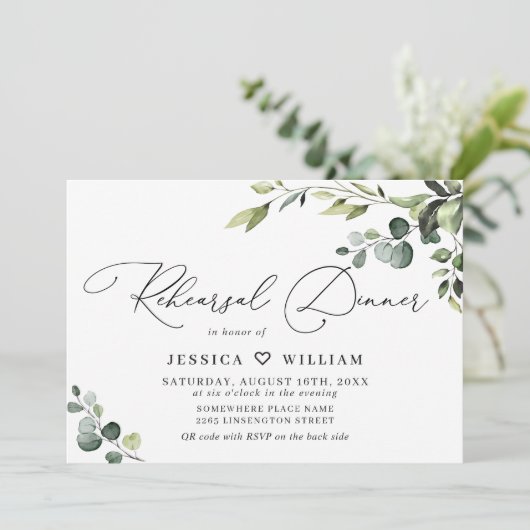 Elegant Eucalyptus Waterverf REHEARSAL DINNER Kaart (Staand voorkant)
