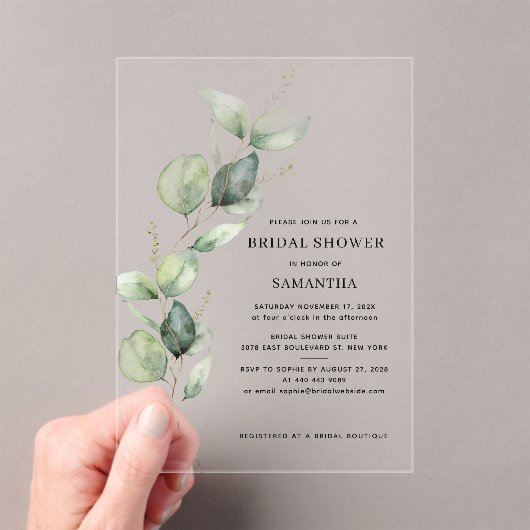 Elegant Eucalyptus Waterverf Vrijgezellenfeest Acryl Uitnodigingen (Insitu (Draagbaar))