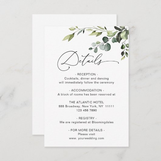Elegant Eucalyptus Waterverf Weddenschap Details Informatiekaartje (Voorkant / Achterkant)