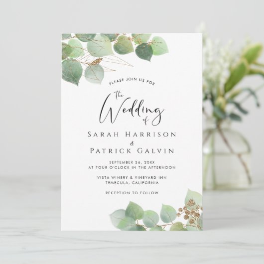 Elegant Eucalyptus Waterverf Weddenschap Kaart (Staand voorkant)