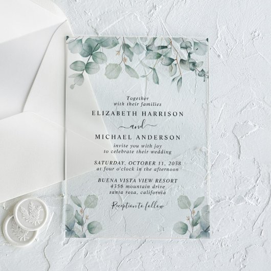 Elegant Eucalyptus Waterverf Wedding Acryl Uitnodigingen