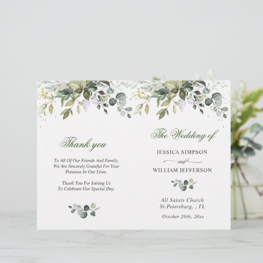 Elegant Eucalyptus Waterverf Wedding Programme (Staand voorkant)