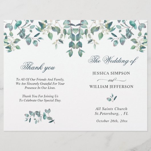 Elegant Eucalyptus Waterverf Wedding Programme (Voorkant)