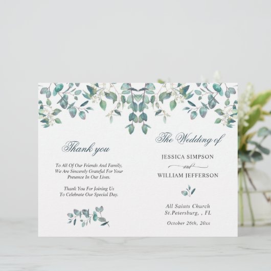 Elegant Eucalyptus Waterverf Wedding Programme (Staand voorkant)