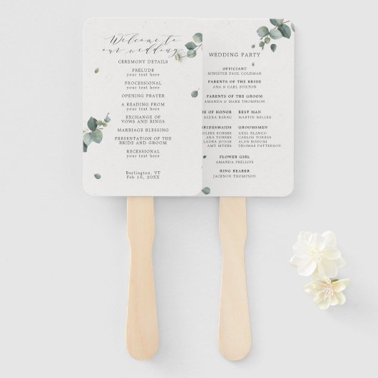 Elegant Eucalyptus Waterverf Wedding Programme Handwaaier (Voorkant en achterkant)