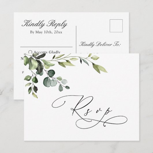 Elegant Eucalyptus Waterverf Wedding RSVP Briefkaart (Voorkant / Achterkant)