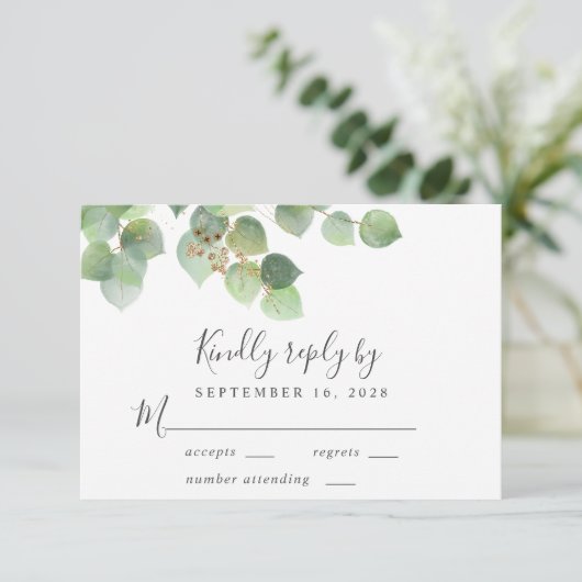 Elegant Eucalyptus Waterverf Wedding RSVP Kaartje (Staand voorkant)