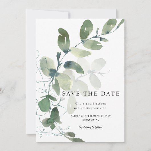 Elegant Eucalyptus Waterverf Wedding Save The Date (Voorkant)