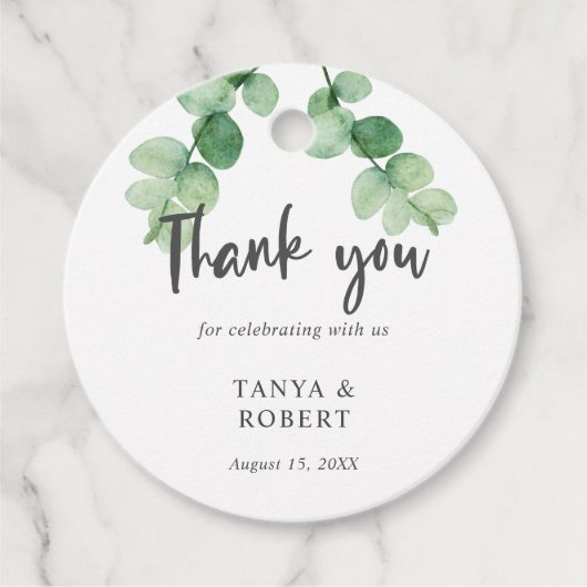 Elegant Eucalyptus Weddenschap Bedankt Calligrafie Bedankjes Labels (Voorkant)