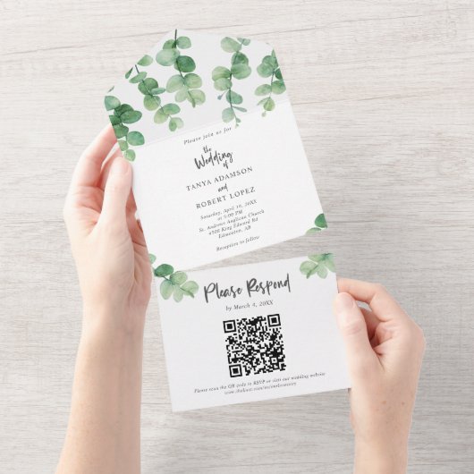 Elegant Eucalyptus Weddenschap Botanische QR-code All In One Uitnodiging (Afscheurbaar)