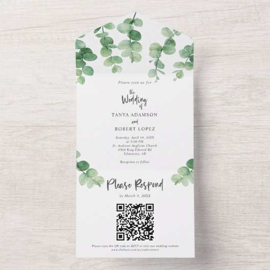 Elegant Eucalyptus Weddenschap Botanische QR-code All In One Uitnodiging (Binnen)
