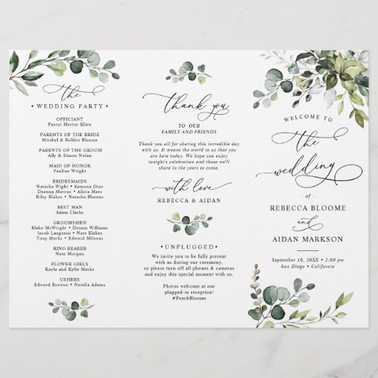 Elegant Eucalyptus Wedding Ceremony Programme (Voorkant)