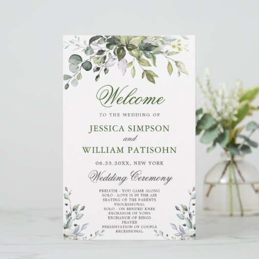 Elegant Eucalyptus Wedding Ceremony Programme (Staand voorkant)
