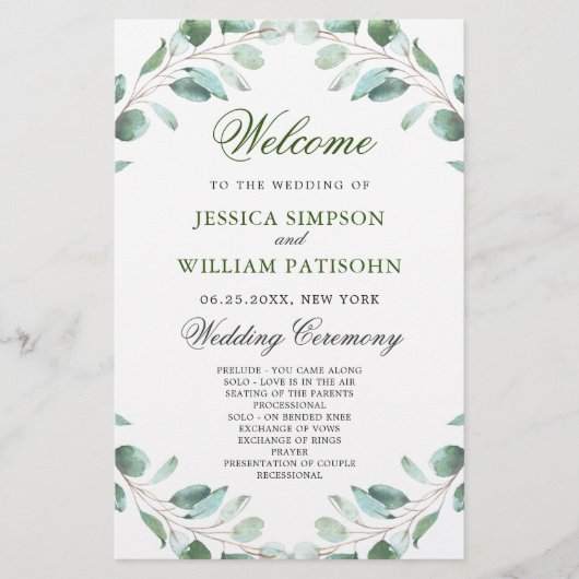 Elegant Eucalyptus Wedding Ceremony Programme (Voorkant)