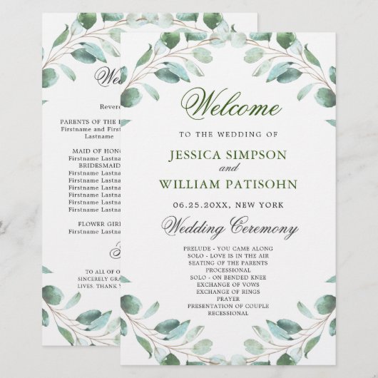 Elegant Eucalyptus Wedding Ceremony Programme (Voorkant / Achterkant)