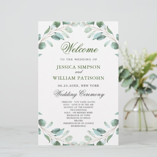 Elegant Eucalyptus Wedding Ceremony Programme (Staand voorkant)