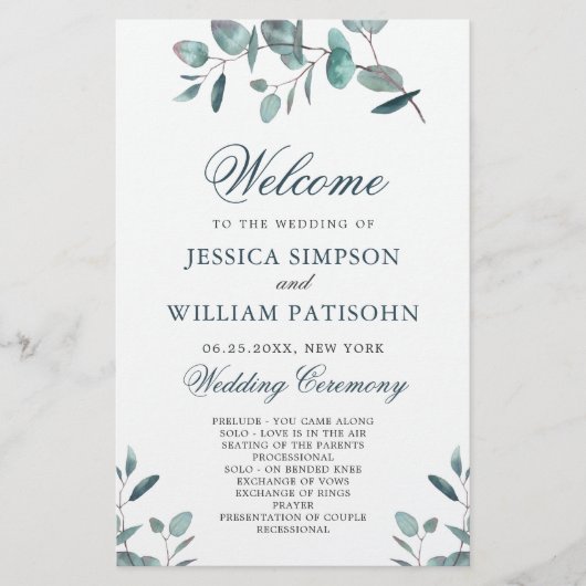 Elegant Eucalyptus Wedding Ceremony Programme (Voorkant)