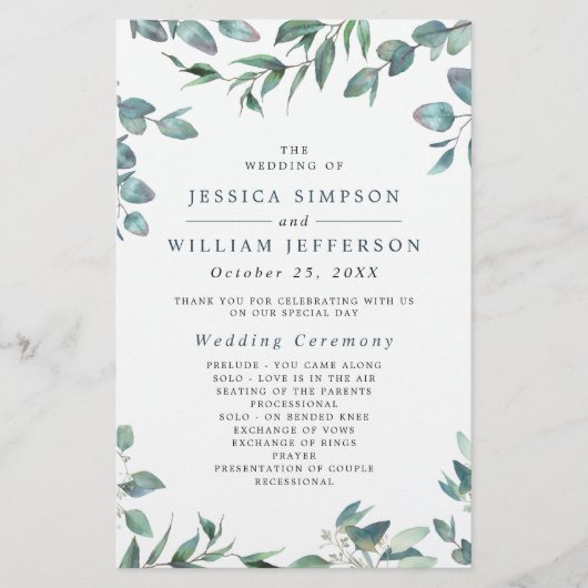 Elegant Eucalyptus Wedding Ceremony Programme (Voorkant)