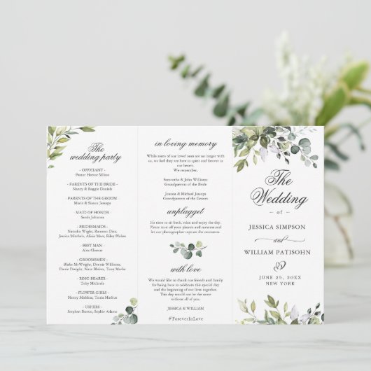 Elegant Eucalyptus Wedding Ceremony Programme Kaart (Staand voorkant)