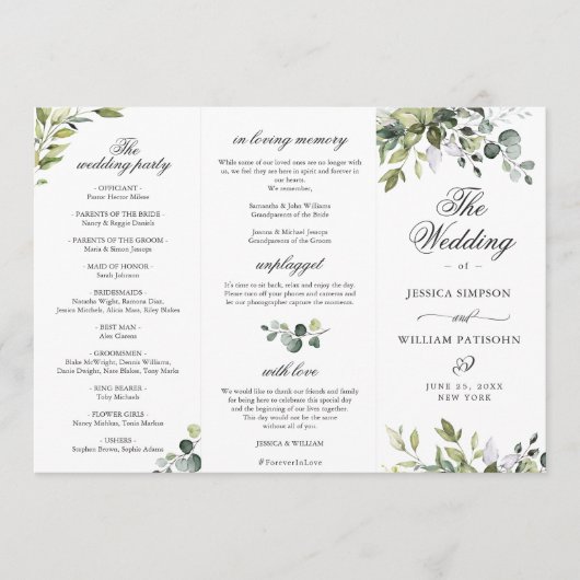 Elegant Eucalyptus Wedding Ceremony Programme Kaart (Voorkant)