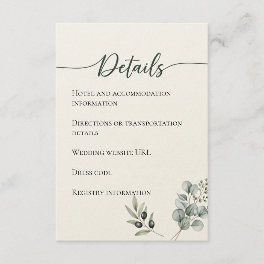 Elegant Eucalyptus Wedding Details Kaart (Voorkant)
