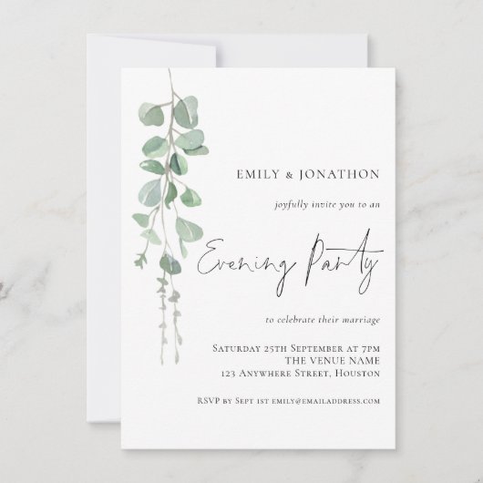 Elegant Eucalyptus Wedding Evening Party Kaart (Voorkant)